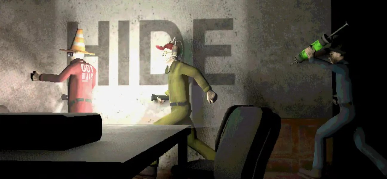Characters fleeing in a dimly lit environment in Machine Party game
