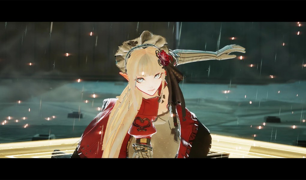 Character from Mahou Arms in a dramatic rain setting, showcasing unique art style.
