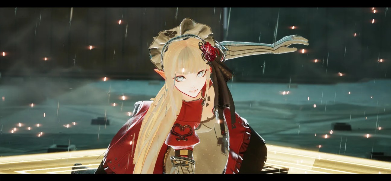 Character from Mahou Arms in a dramatic rain setting, showcasing unique art style.