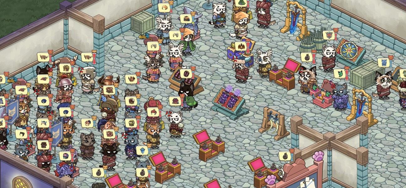 Colorful marketplace scene in MeowCraft with various characters and items.