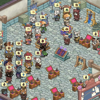 Colorful marketplace scene in MeowCraft with various characters and items.