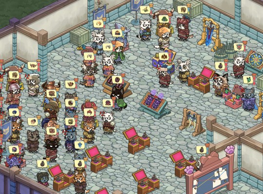 Colorful marketplace scene in MeowCraft with various characters and items.