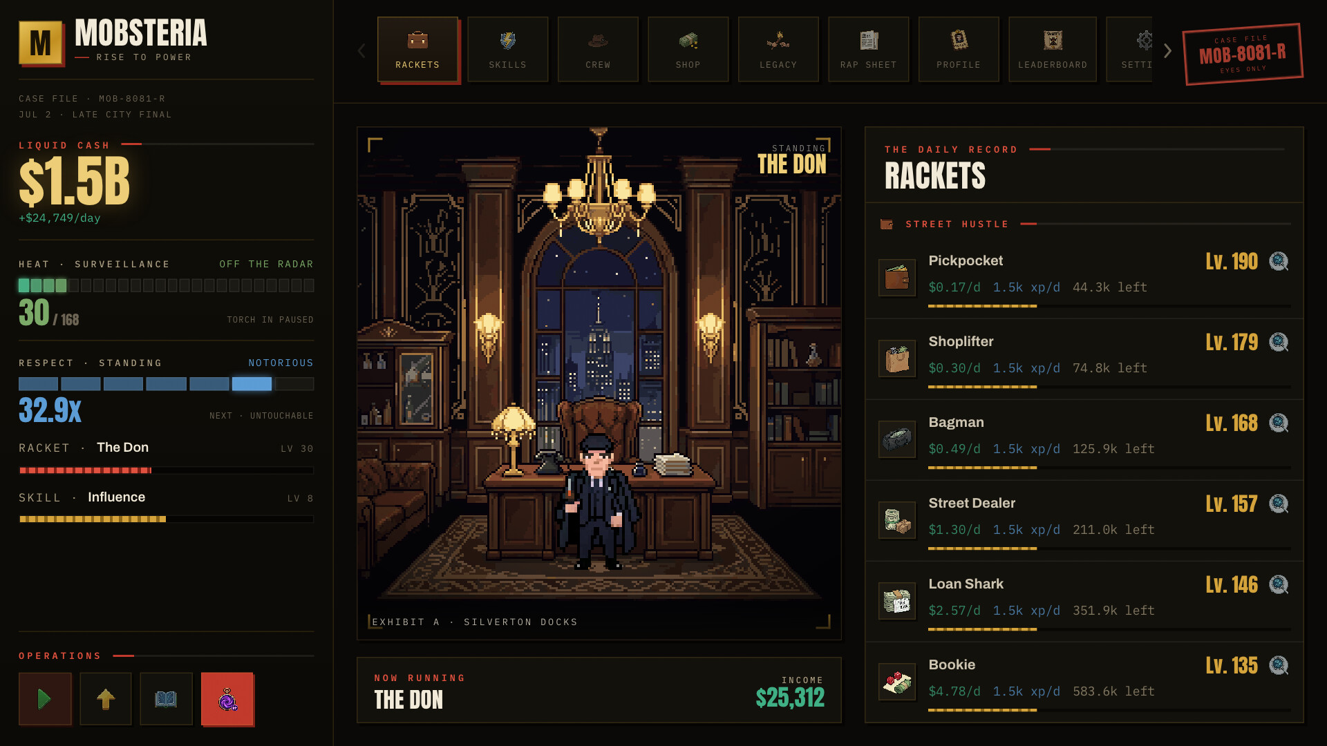 Mobsteria: Rise game interface showcasing character and rackets