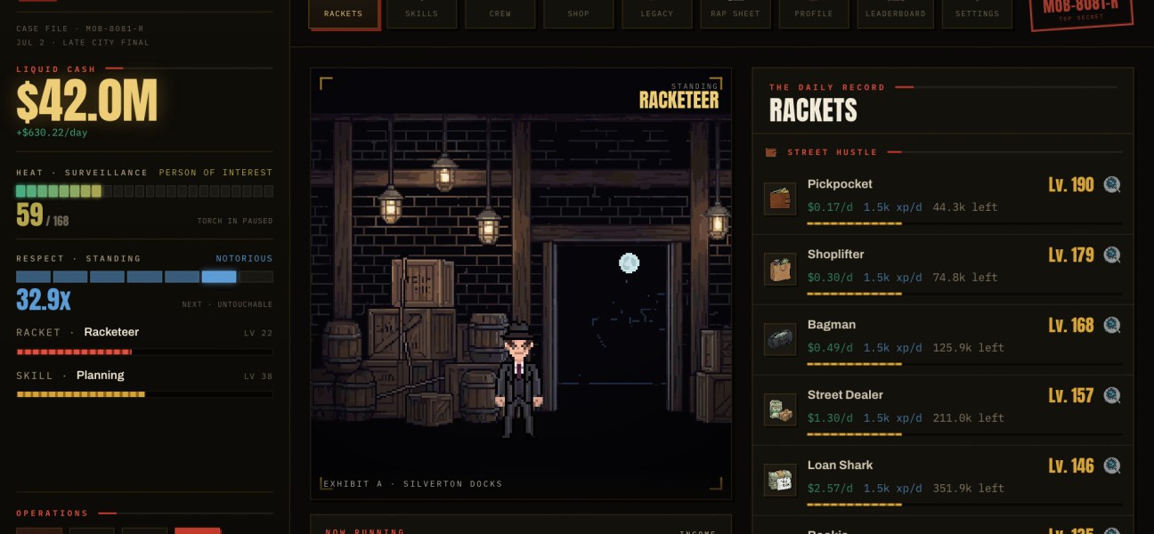 Mobsteria: Rise gameplay showcasing a character in a dimly lit warehouse setting