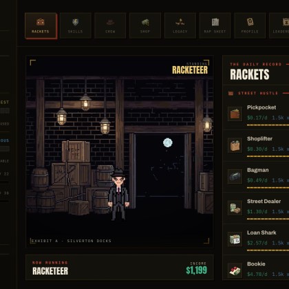 Mobsteria: Rise gameplay showcasing a character in a dimly lit warehouse setting