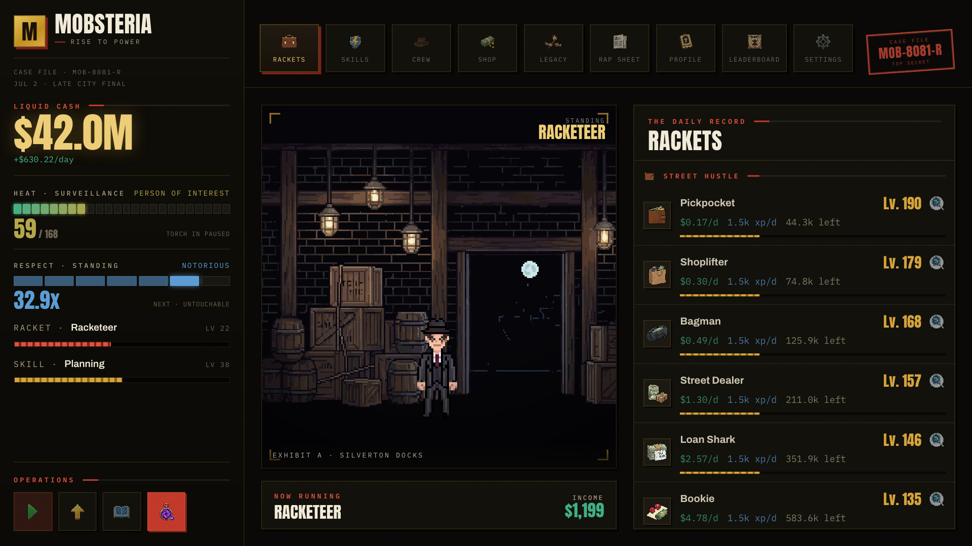 Mobsteria: Rise gameplay showcasing a character in a dimly lit warehouse setting