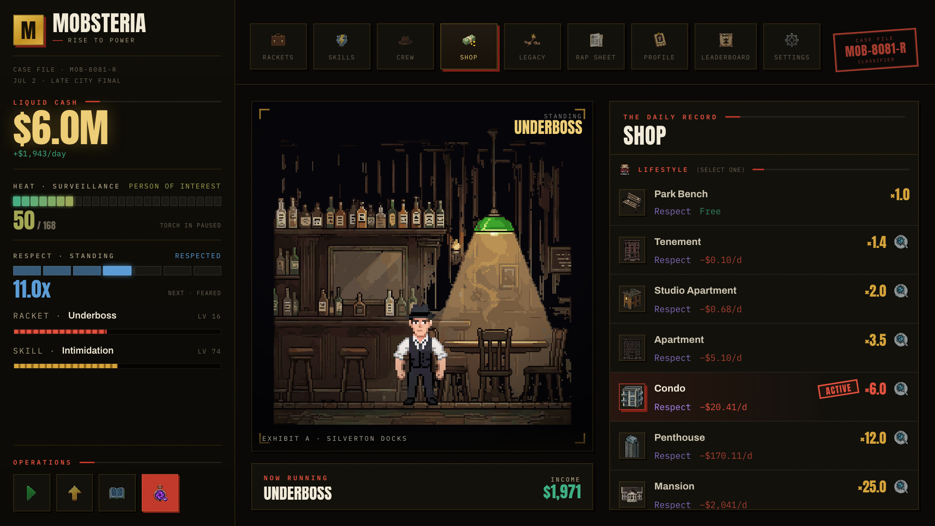 Mobsteria: Rise gameplay interface showcasing character and shop options