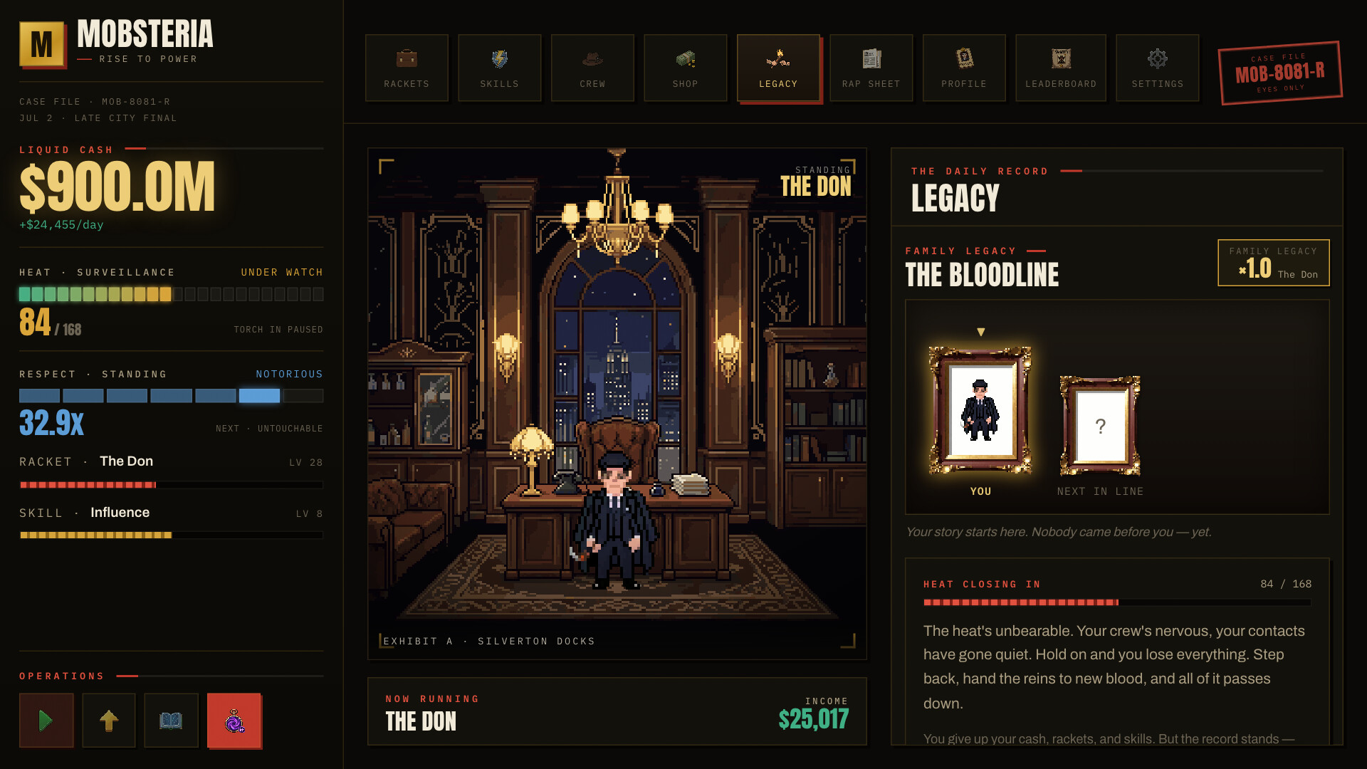Screenshot of Mobsteria: Rise showcasing character and legacy system