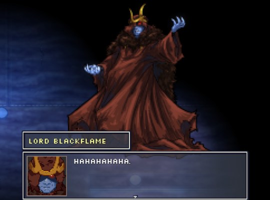 Lord Blackflame character from Murder Is Game Over: Final Fright with dialogue