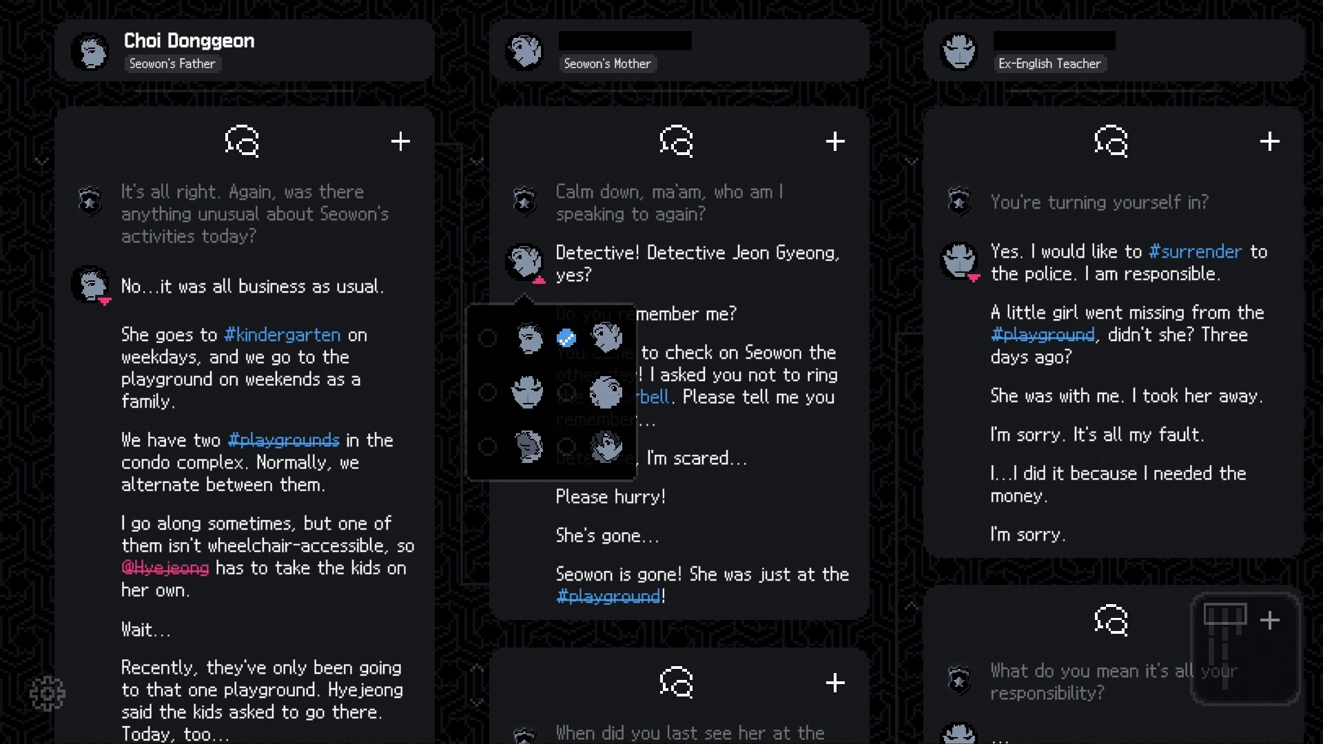 Text-based mystery adventure game screenshot featuring dialogue and character interactions.