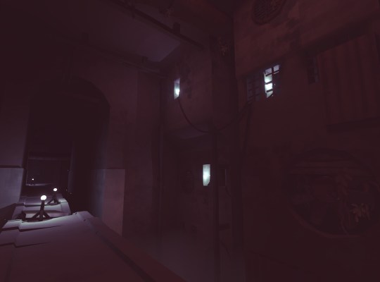 A dimly lit sci-fi environment showcasing a puzzle game setting.