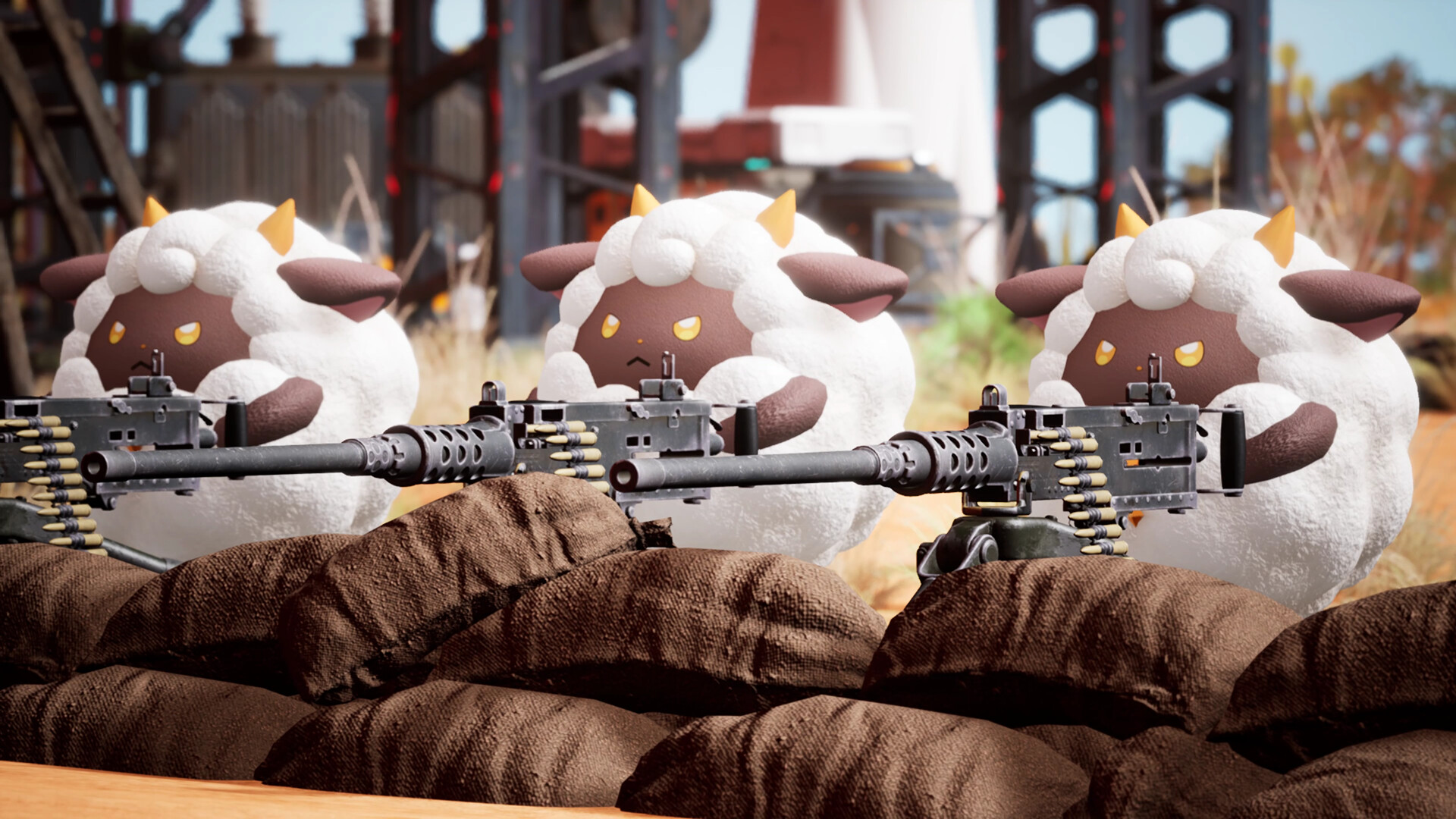 Palworld's adorable Pals wielding weapons in a playful combat scene.