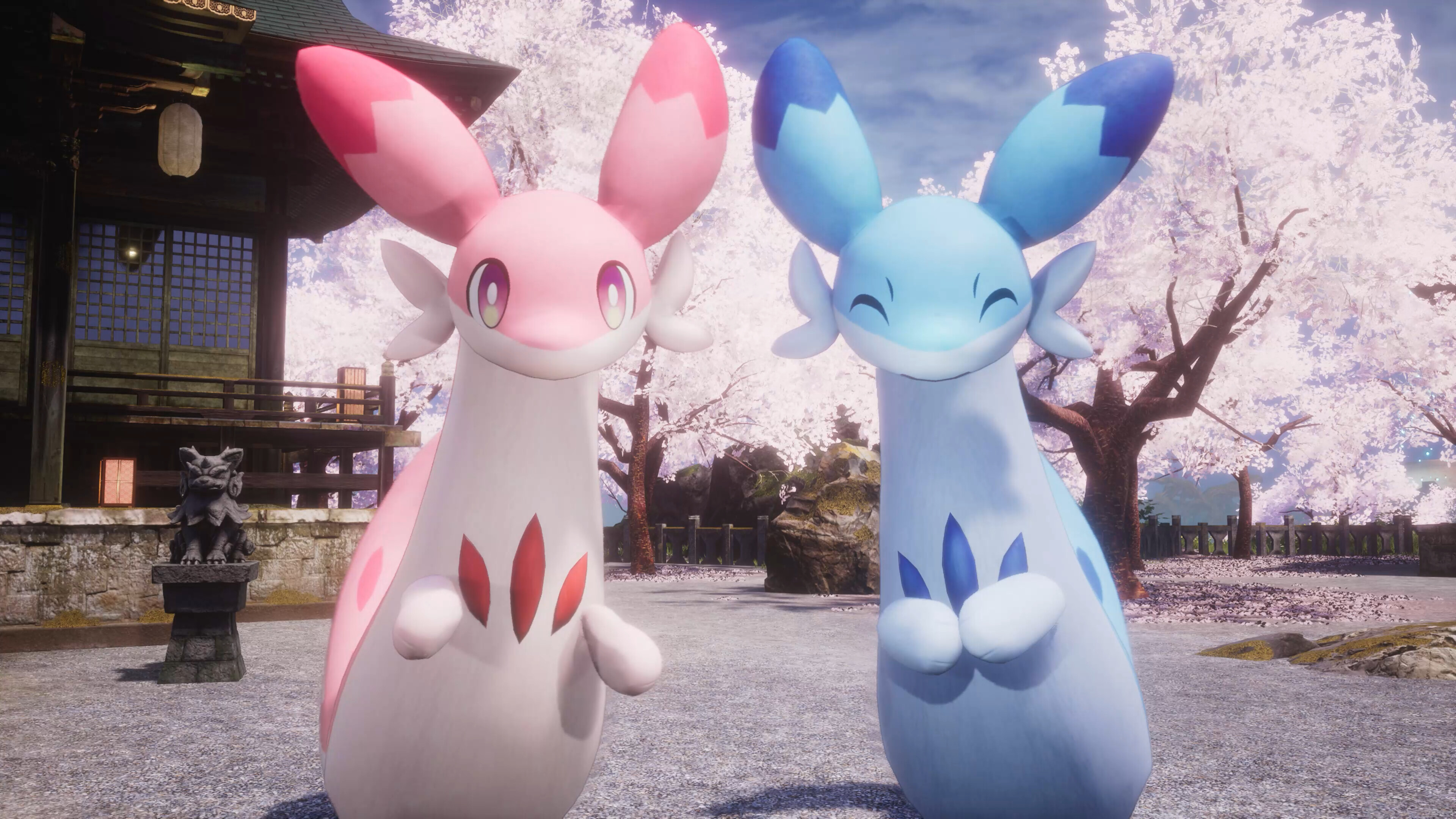 Two colorful Pals from Palworld in a serene cherry blossom setting