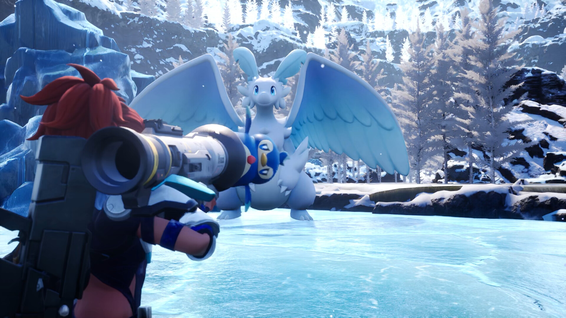 Player aiming at a large blue creature in snowy Palworld environment