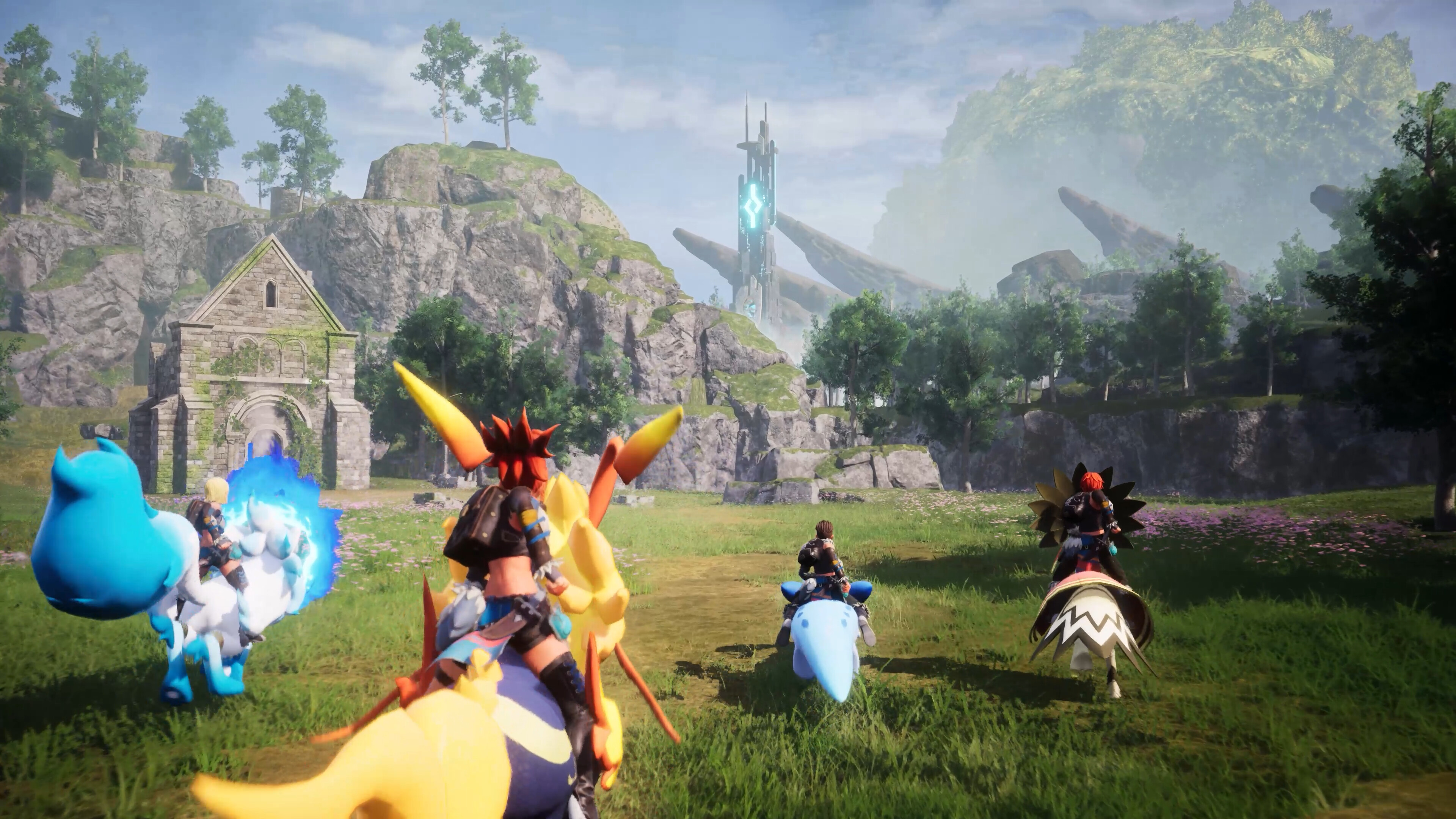 Explorers ride Pals in a vibrant landscape of Palworld, showcasing adventure and discovery.