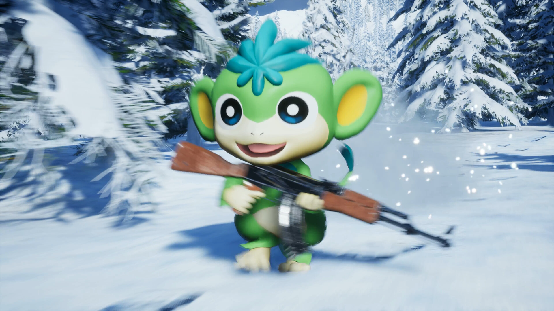 A cute green creature with a rifle in a snowy landscape from Palworld.