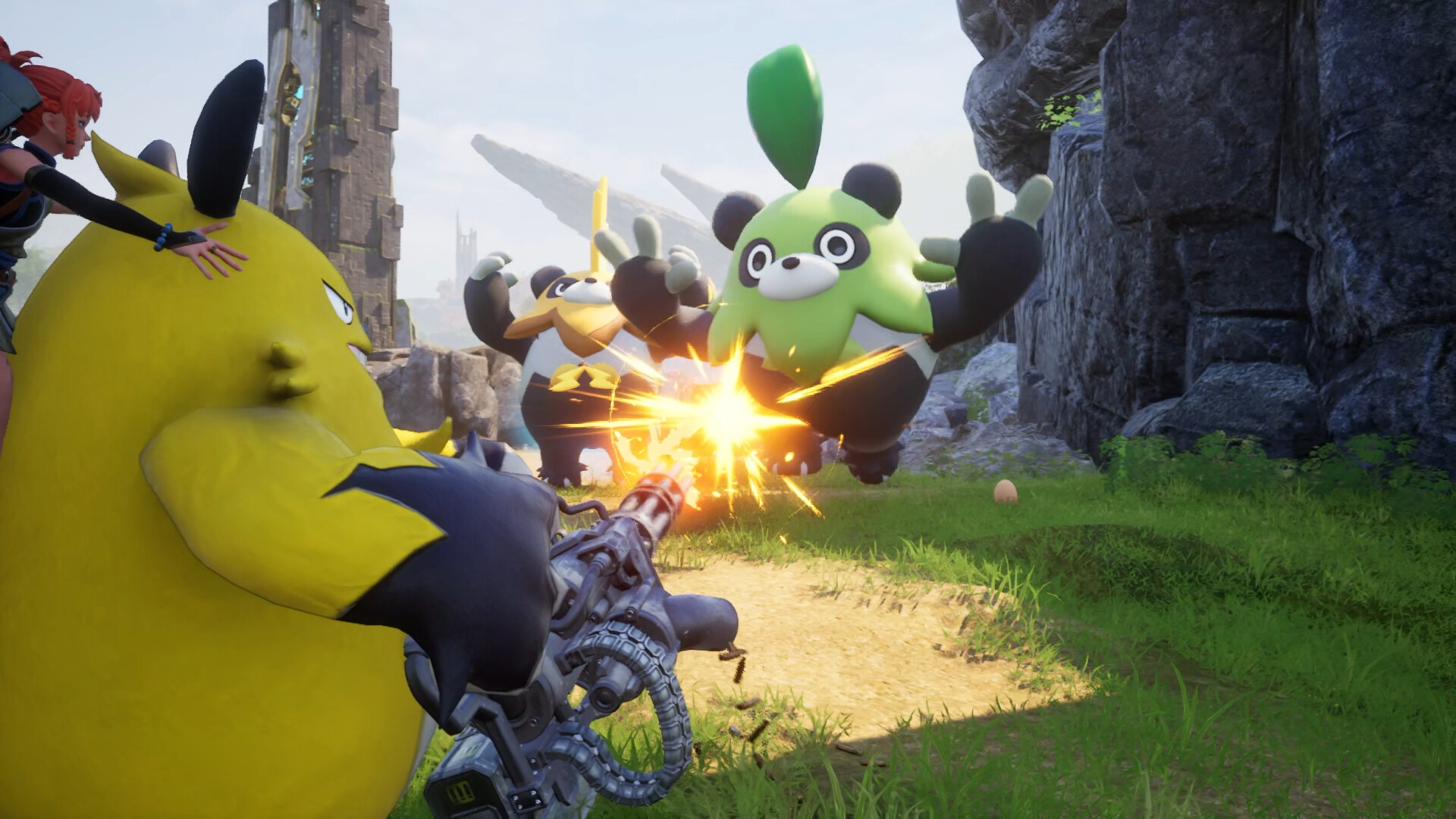 Action scene in Palworld featuring characters and creatures in combat