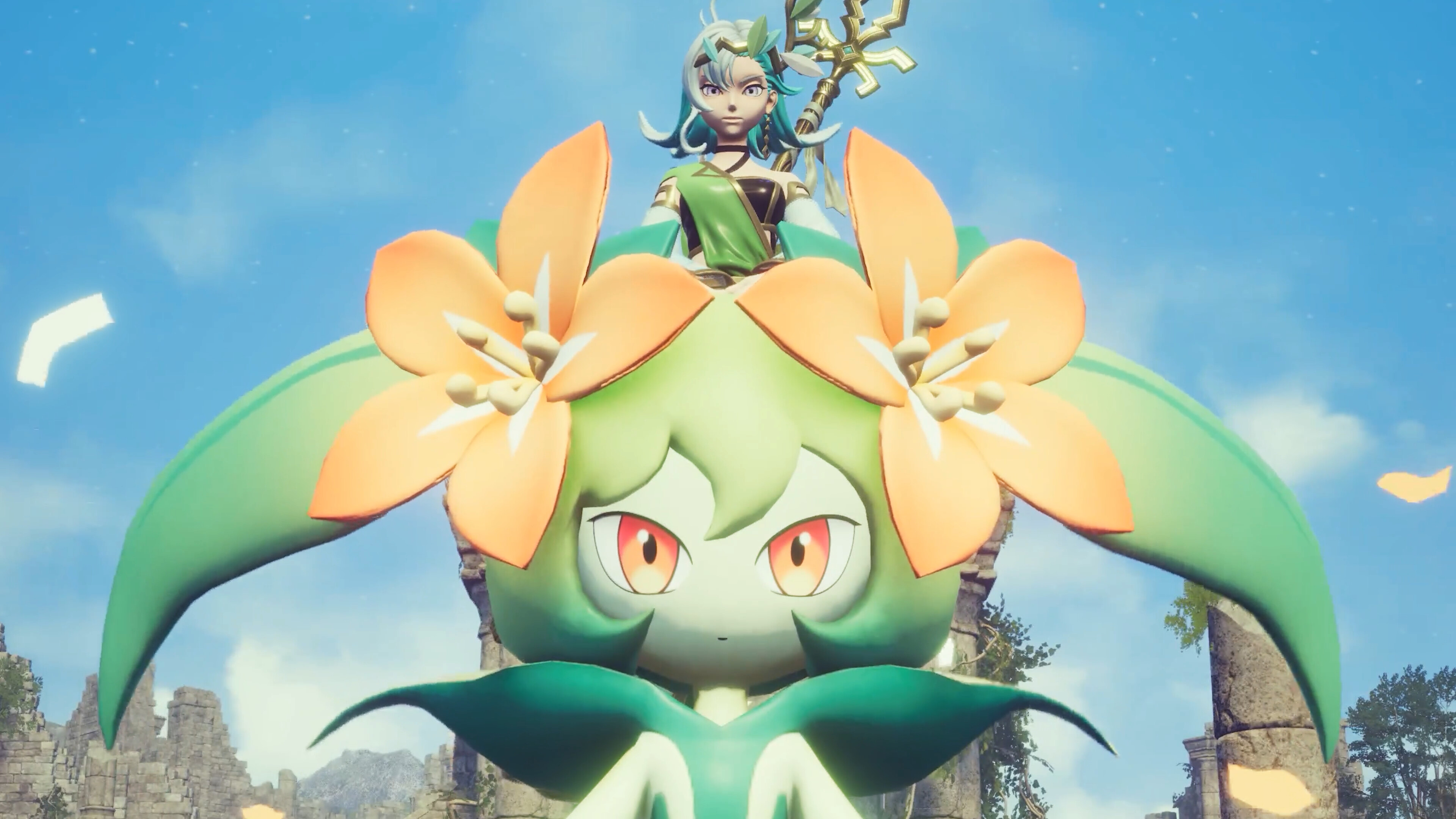 Palworld character and creature showcase with vibrant flowers and blue sky
