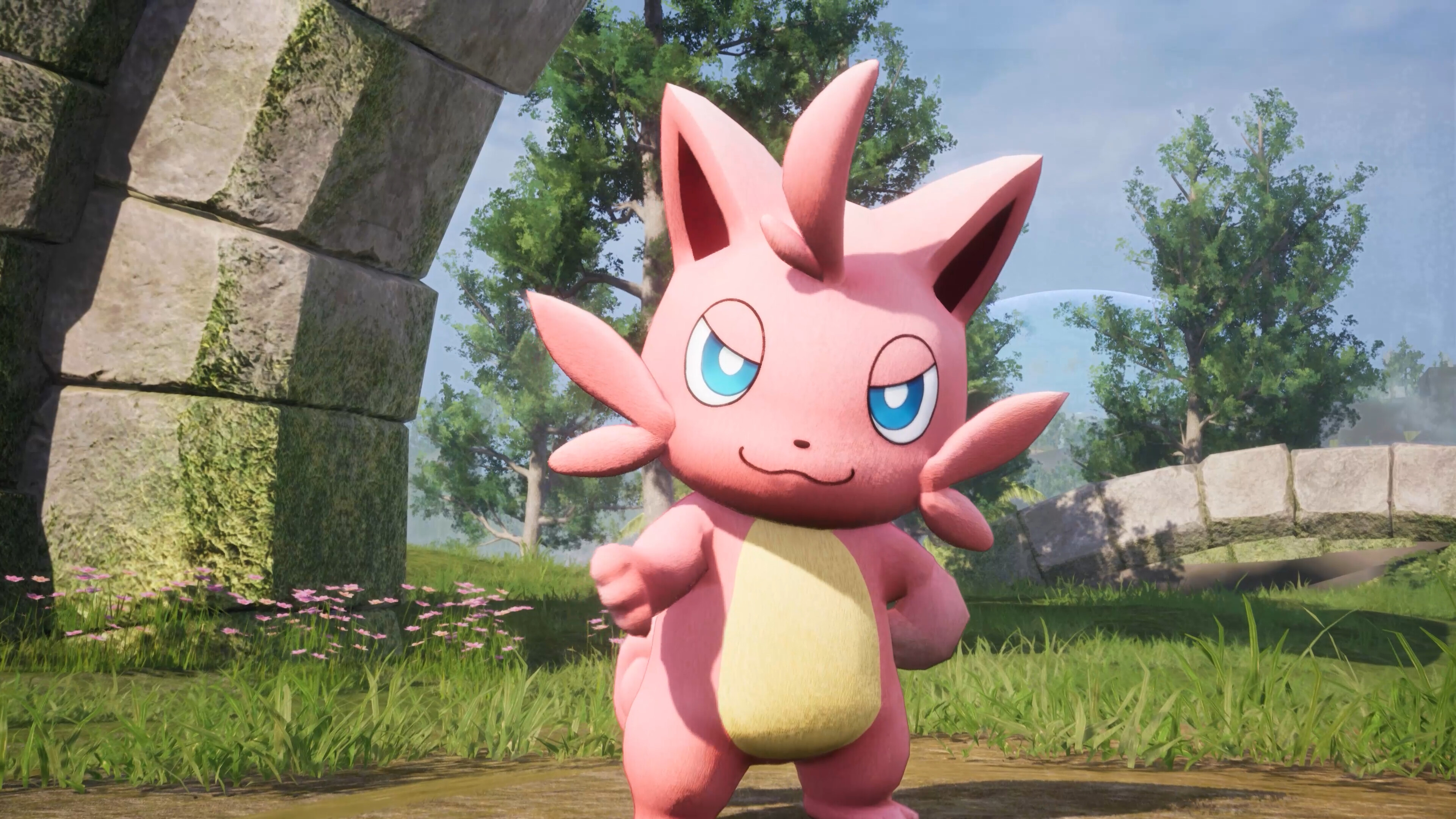 Cute Pal character in vibrant landscape from Palworld game.