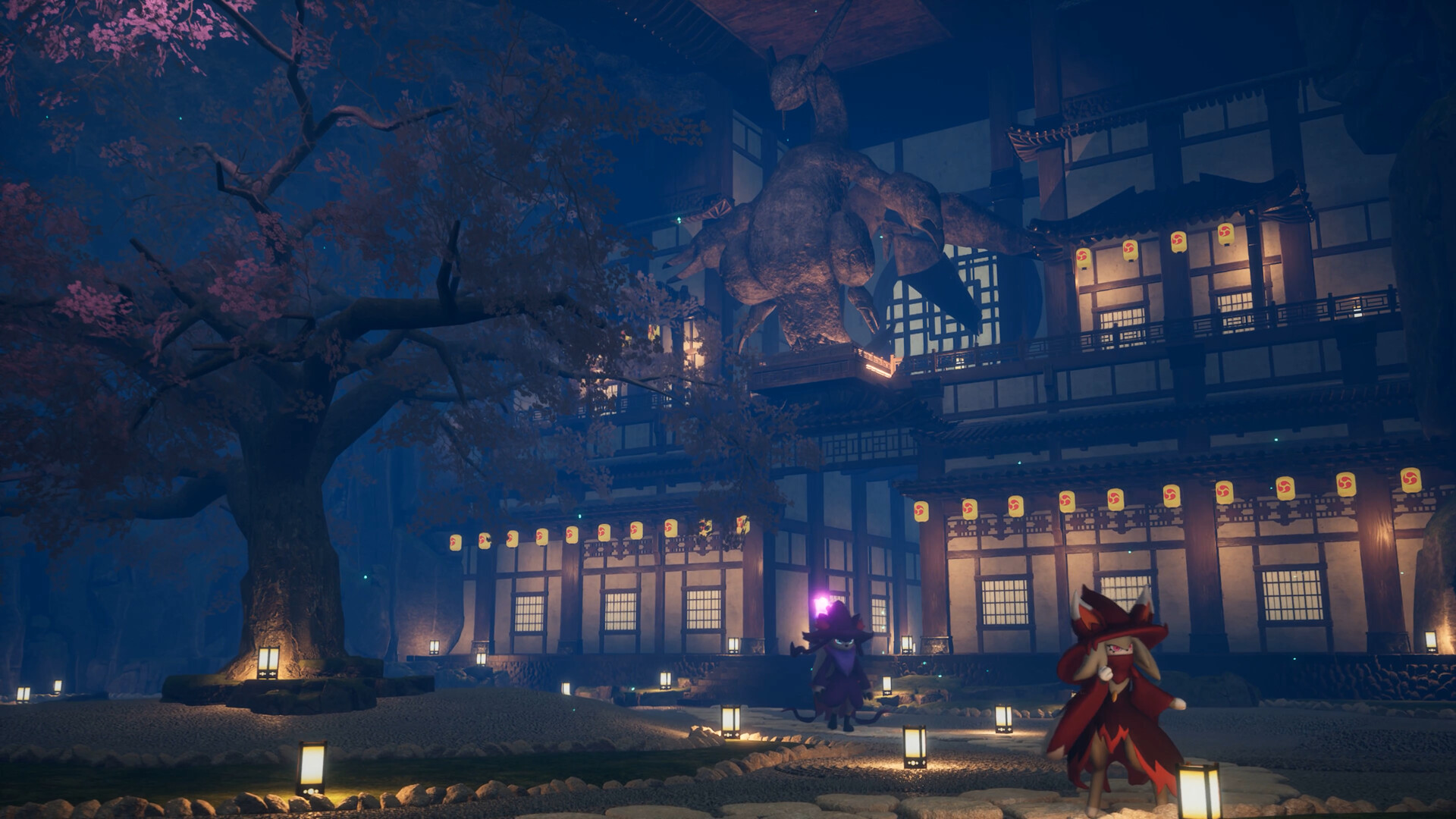 Stunning night scene from Palworld showcasing a grand building and characters.