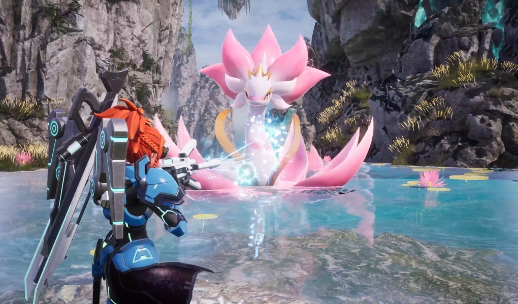 Player character aiming at a giant flower creature in Palworld's vibrant landscape
