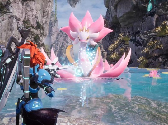 Player character aiming at a giant flower creature in Palworld's vibrant landscape