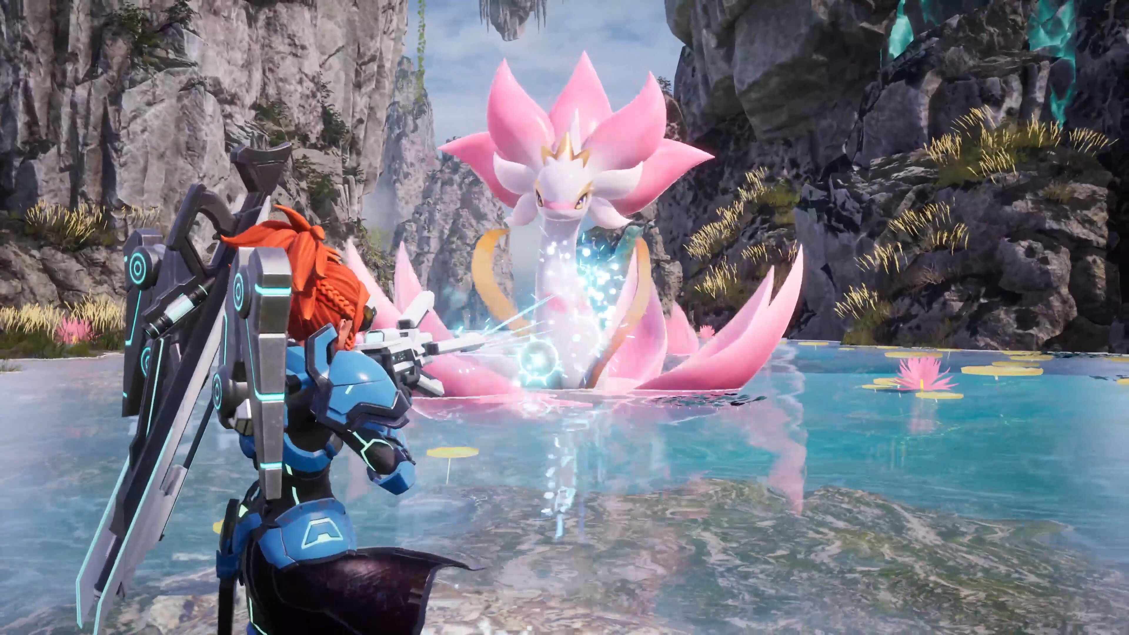 Player character aiming at a giant flower creature in Palworld's vibrant landscape