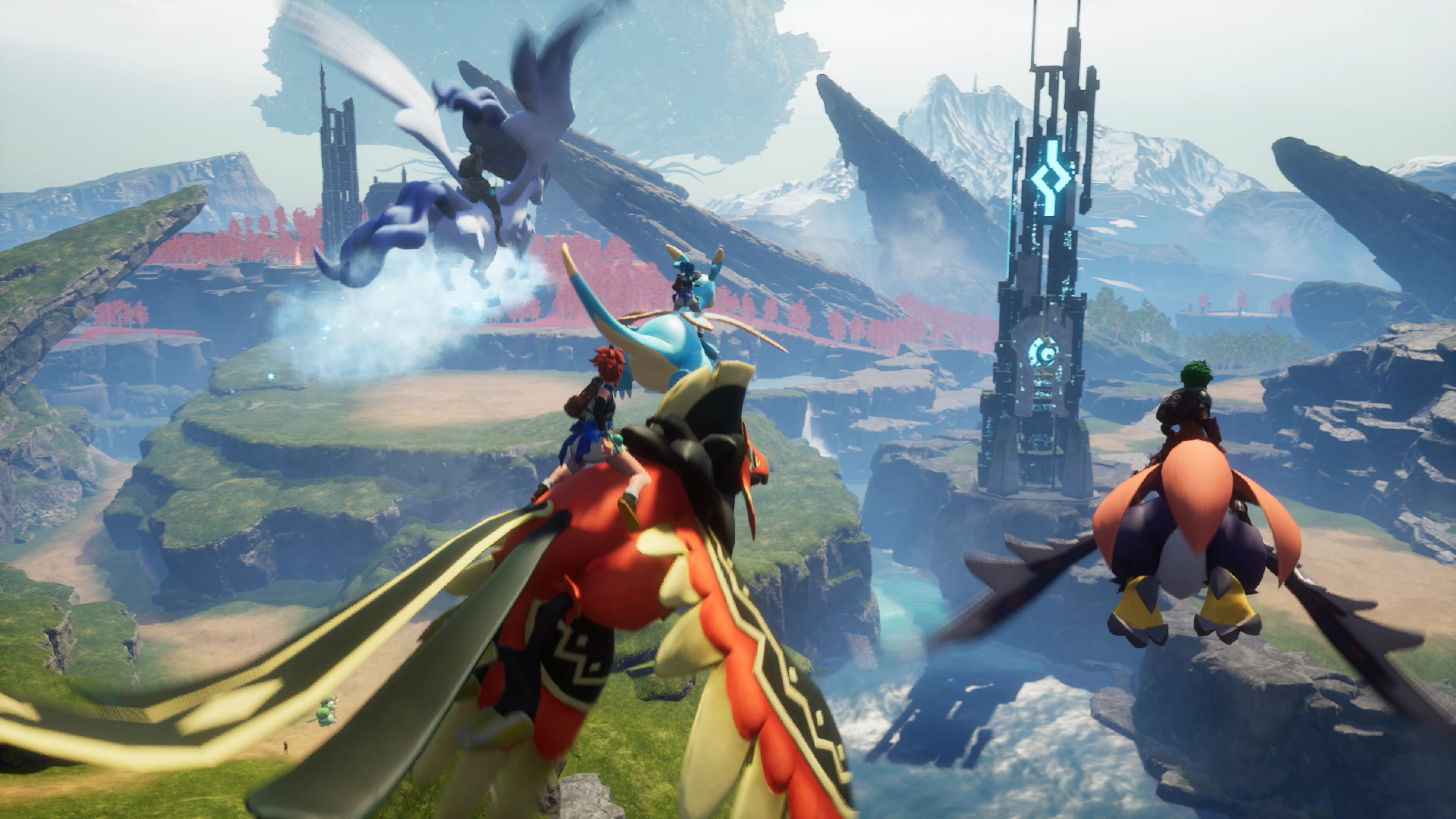 Players exploring a vibrant landscape in Palworld with flying creatures.