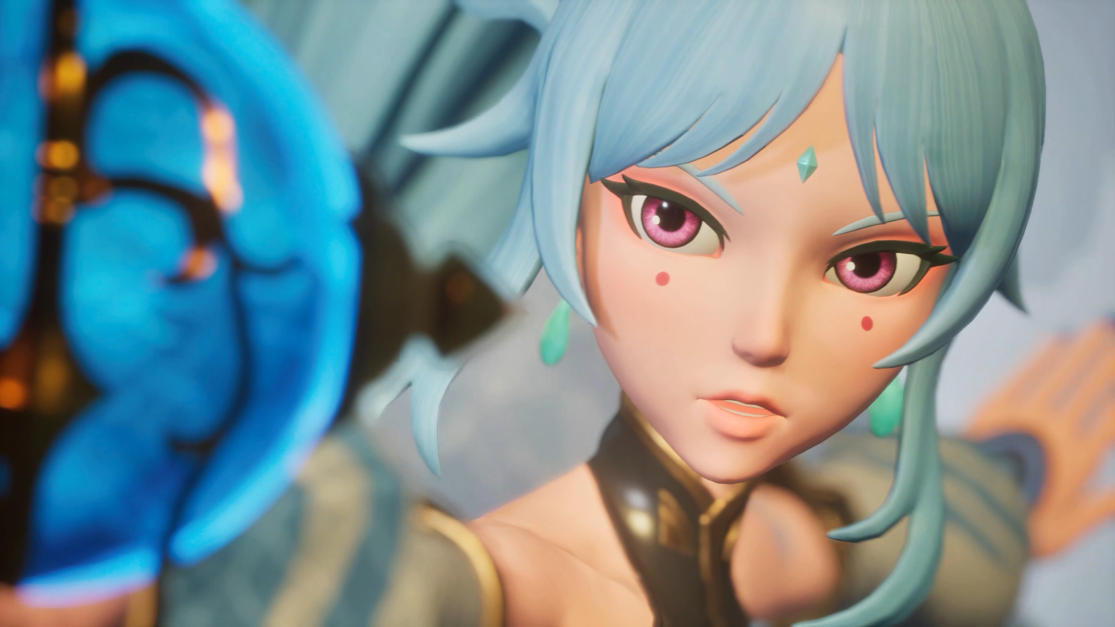 Close-up of a character from Palworld with blue hair and a magical weapon
