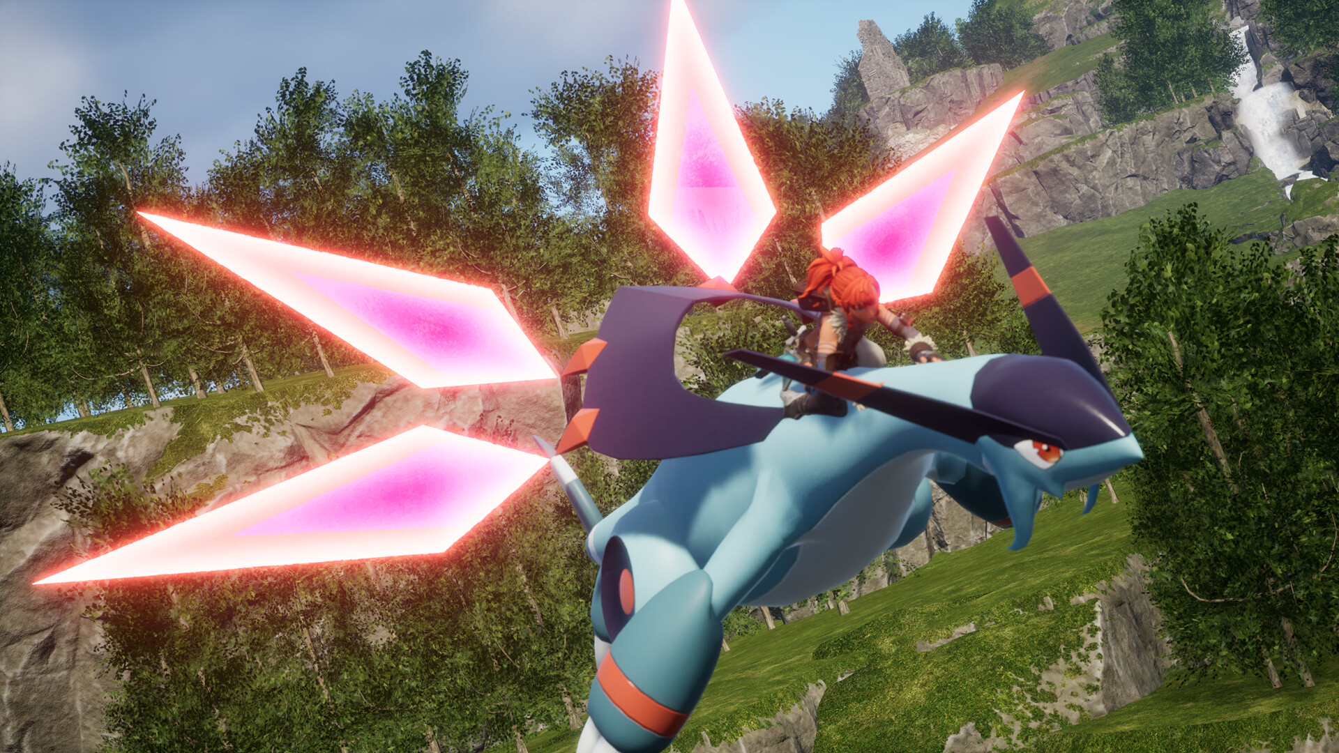 Player riding a vibrant creature in Palworld with glowing wings in a lush landscape.