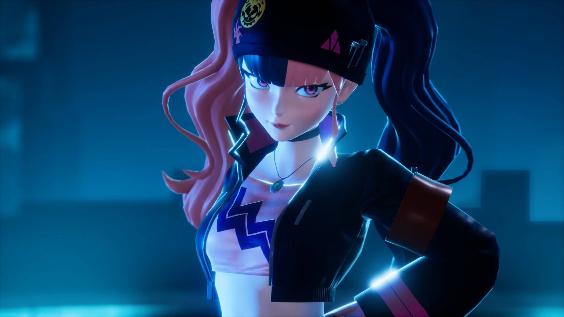 Stylish character from Palworld with vibrant hair and urban outfit