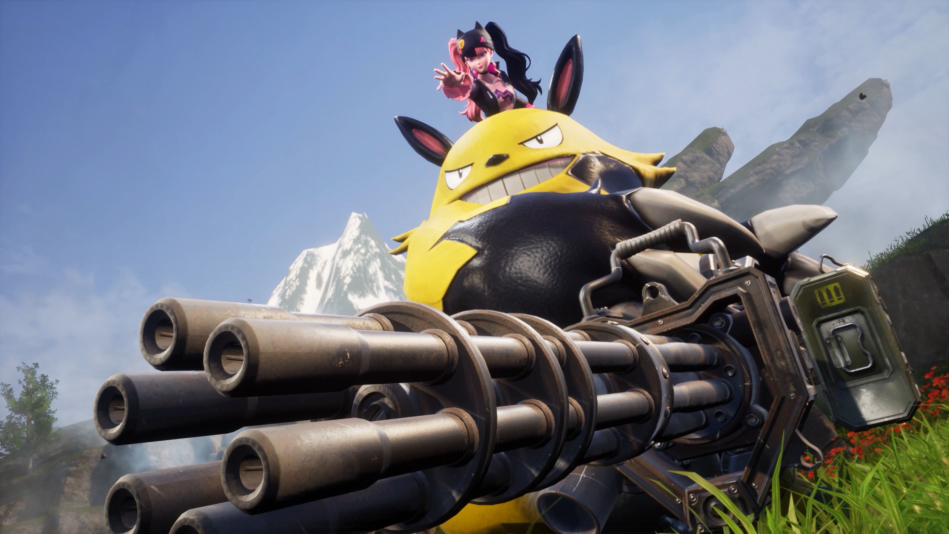 Palworld character with a large creature and weapon in a vibrant landscape