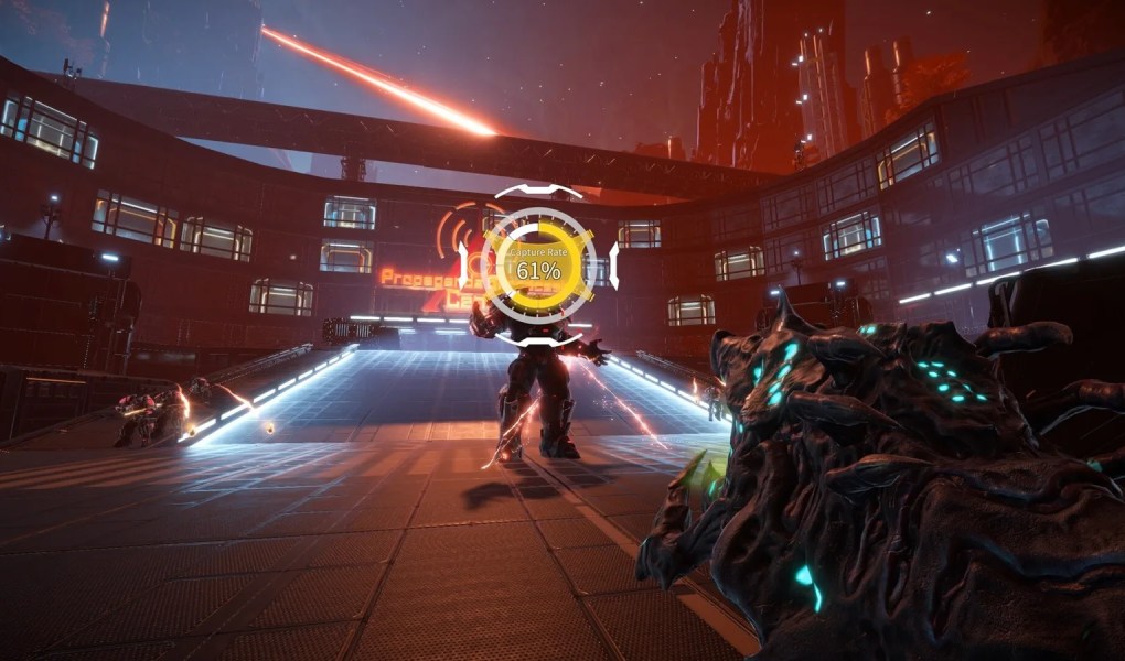 Intense gameplay scene from Pax Autocratica showcasing combat and futuristic environments