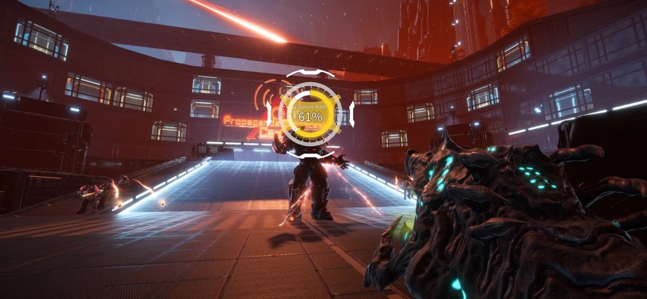 Intense gameplay scene from Pax Autocratica showcasing combat and futuristic environments