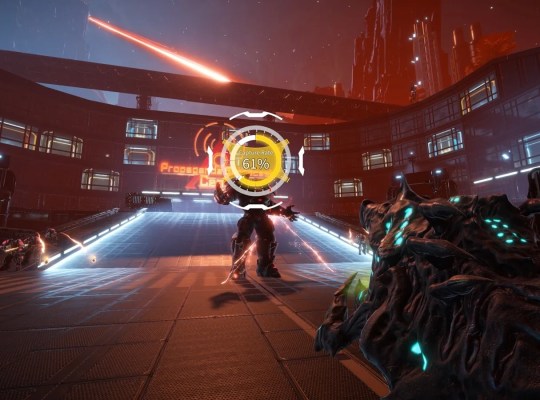 Intense gameplay scene from Pax Autocratica showcasing combat and futuristic environments