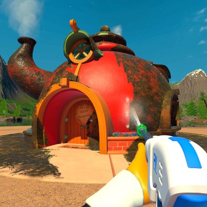 PowerWash Simulator 2 gameplay featuring a colorful teapot structure