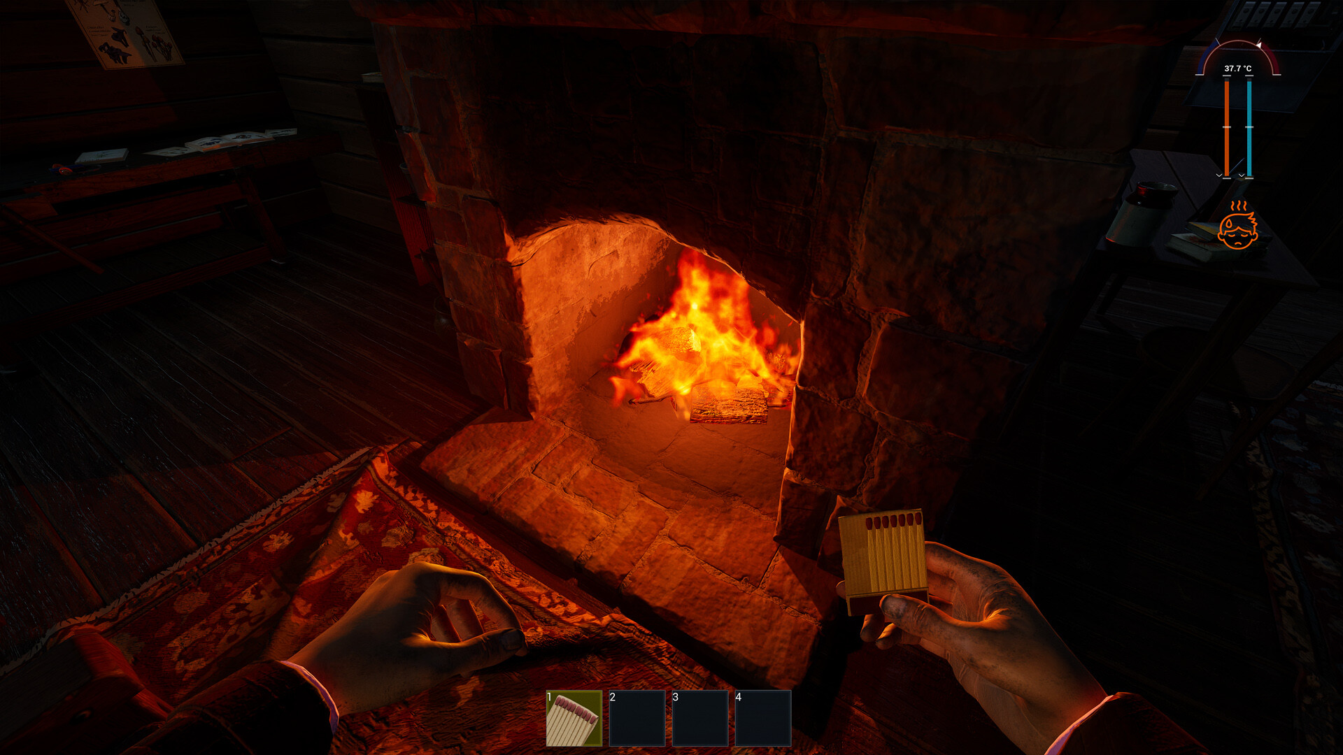 Cozy fireplace scene in Prologue: Go Wayback! with matchsticks and flames.