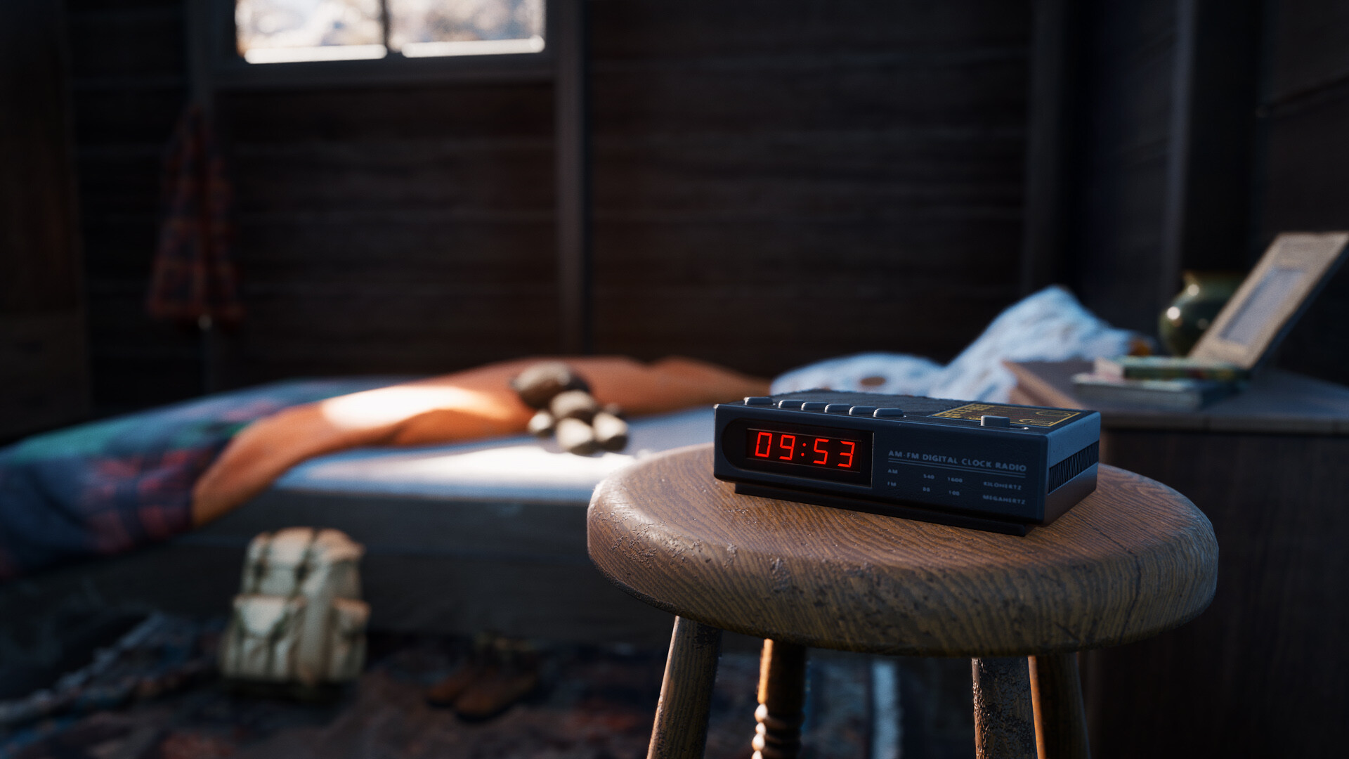 An alarm clock displaying 09:53 in a rustic bedroom setting