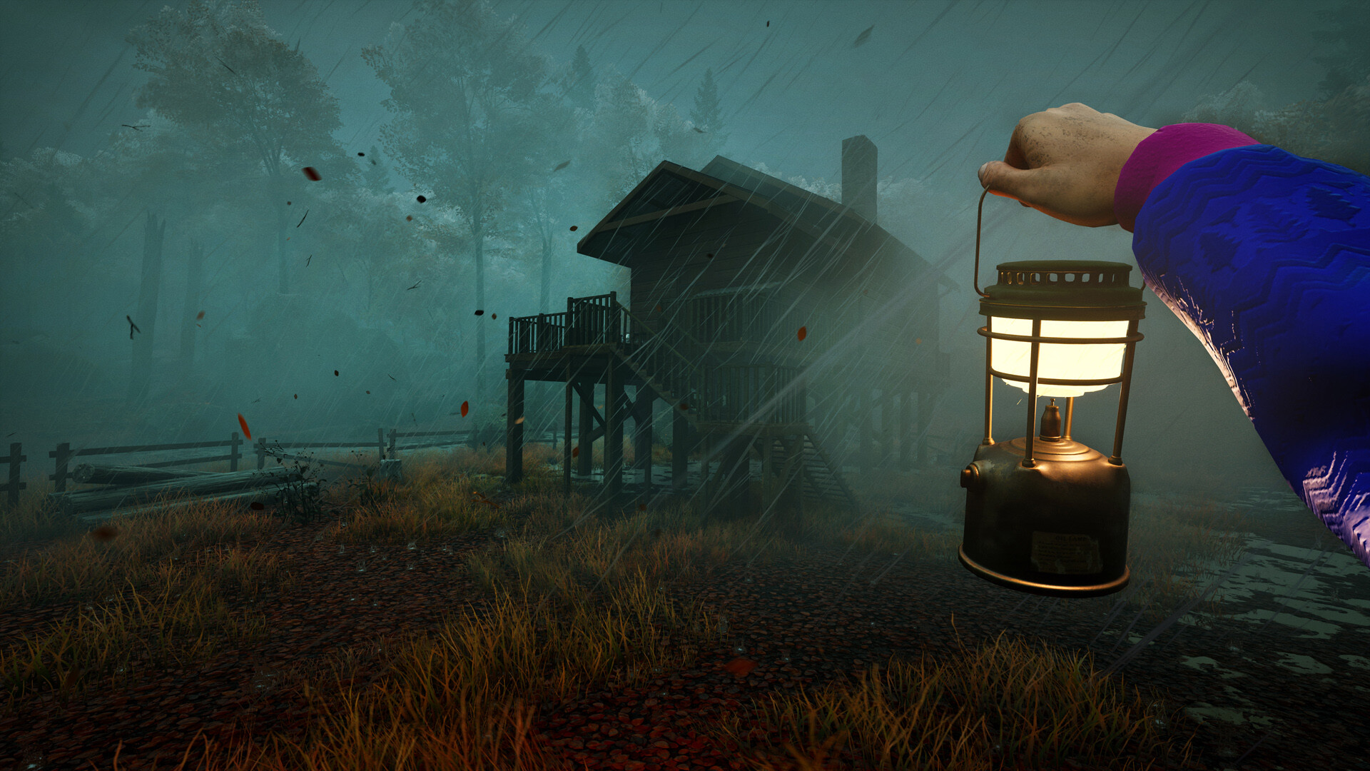A hand holding a lantern in a foggy forest near a cabin in Prologue: Go Wayback!