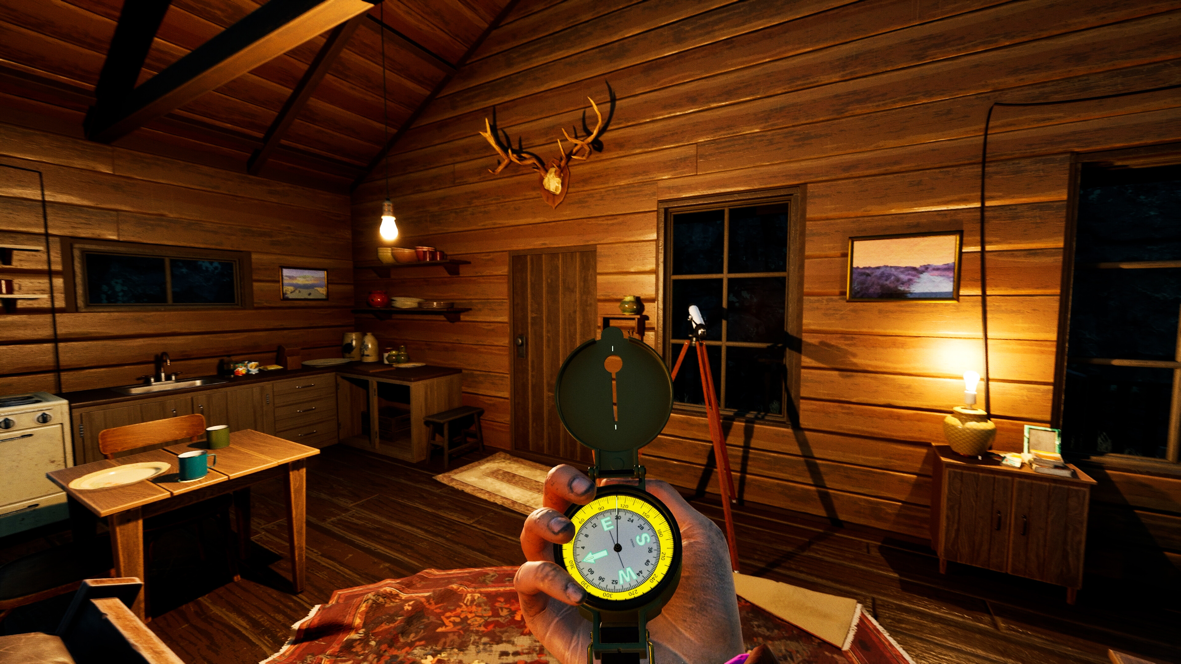 Interior of a rustic cabin with a compass in hand, showcasing exploration theme.