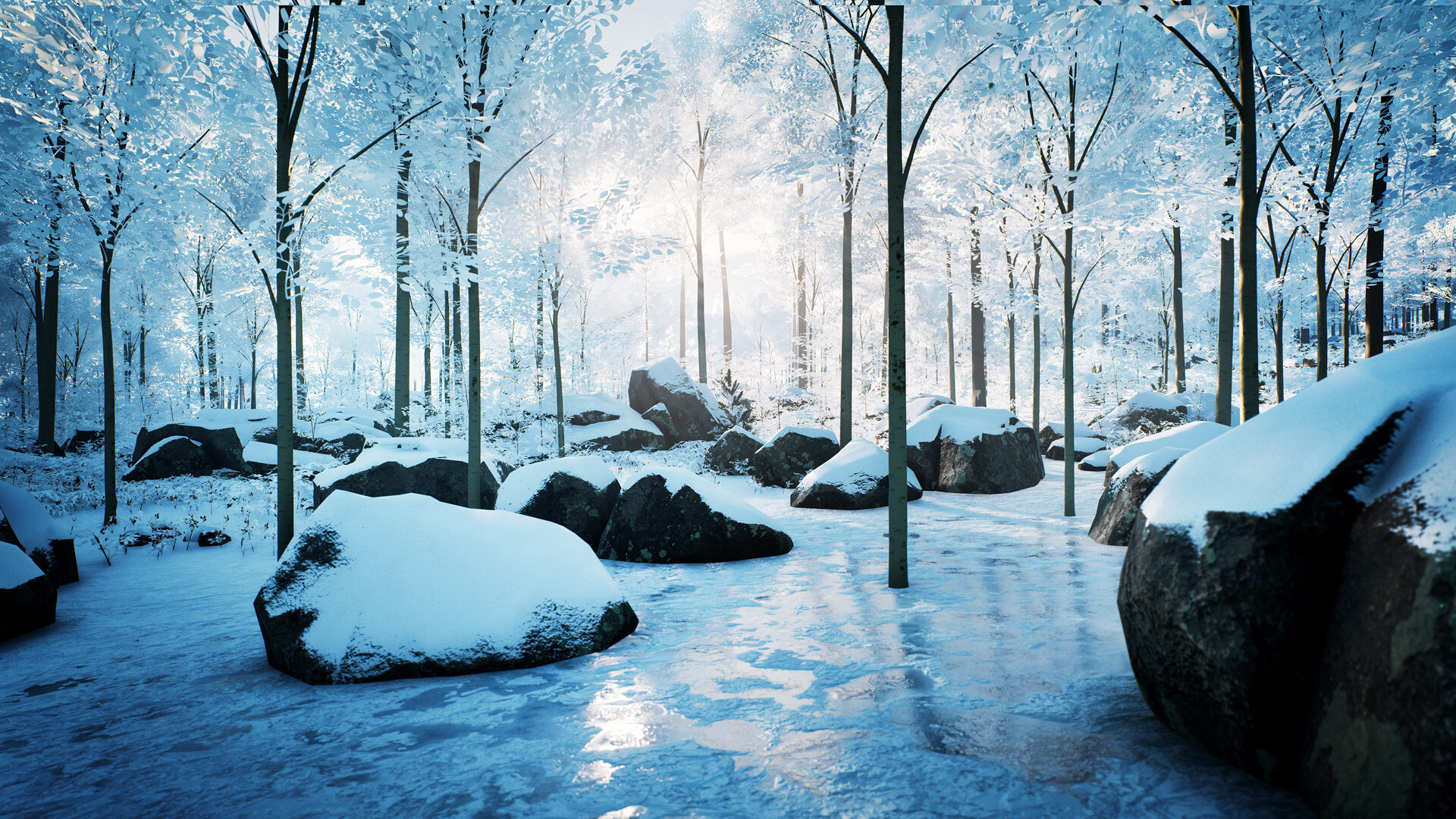 Serene winter landscape with snow-covered trees and rocks in Prologue: Go Wayback!