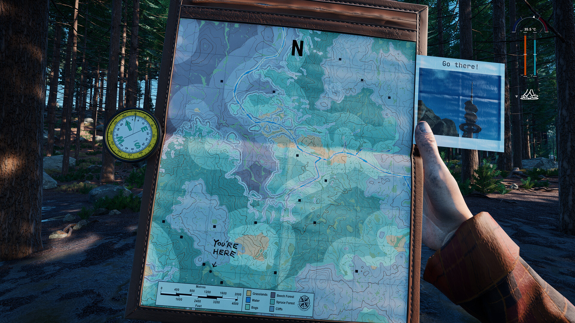 Player holding a detailed map in a forest setting in Prologue: Go Wayback!