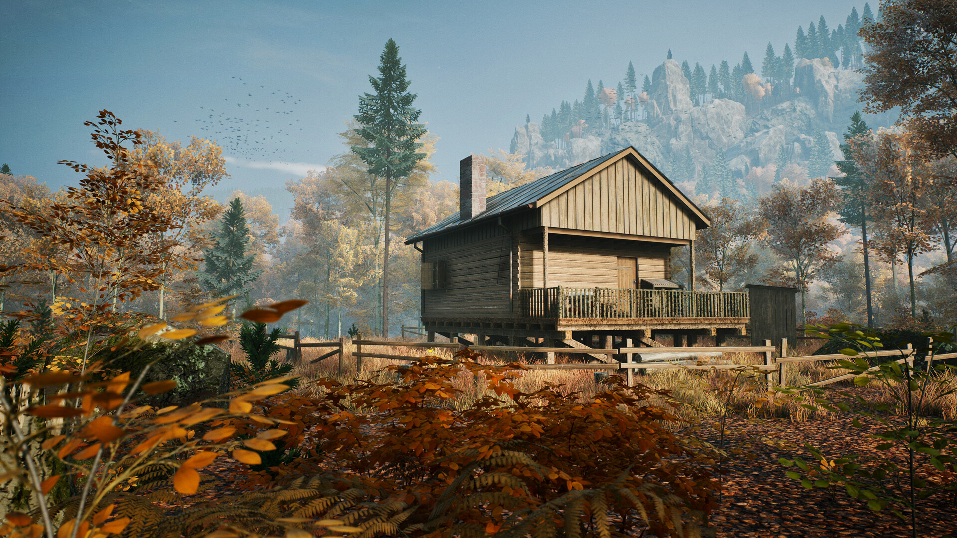 Scenic autumn landscape featuring a wooden house in a forest setting