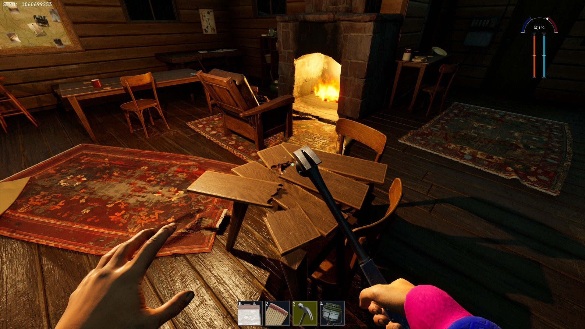Cozy cabin interior with a fireplace and scattered furniture in Prologue: Go Wayback!