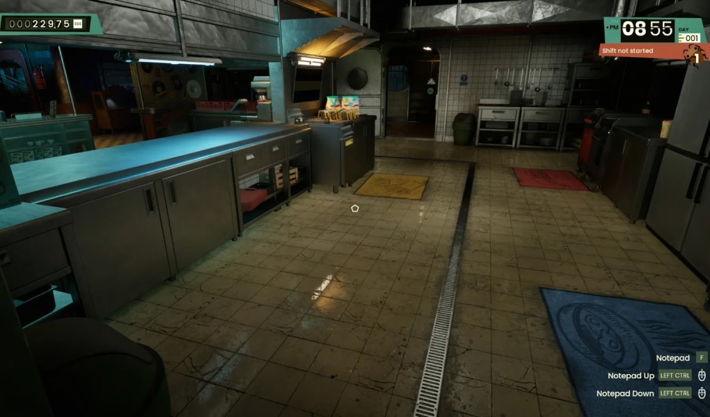 Interior of a diner kitchen in Road Diner Simulator: Prologue with cooking equipment and colorful mats.