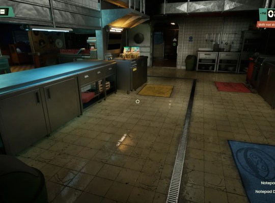 Interior of a diner kitchen in Road Diner Simulator: Prologue with cooking equipment and colorful mats.