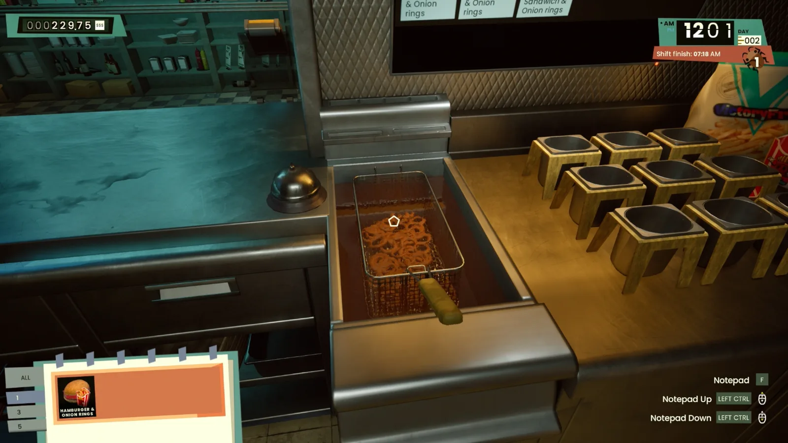 Cooking scene in Road Diner Simulator: Prologue with frying food and notepad interface.