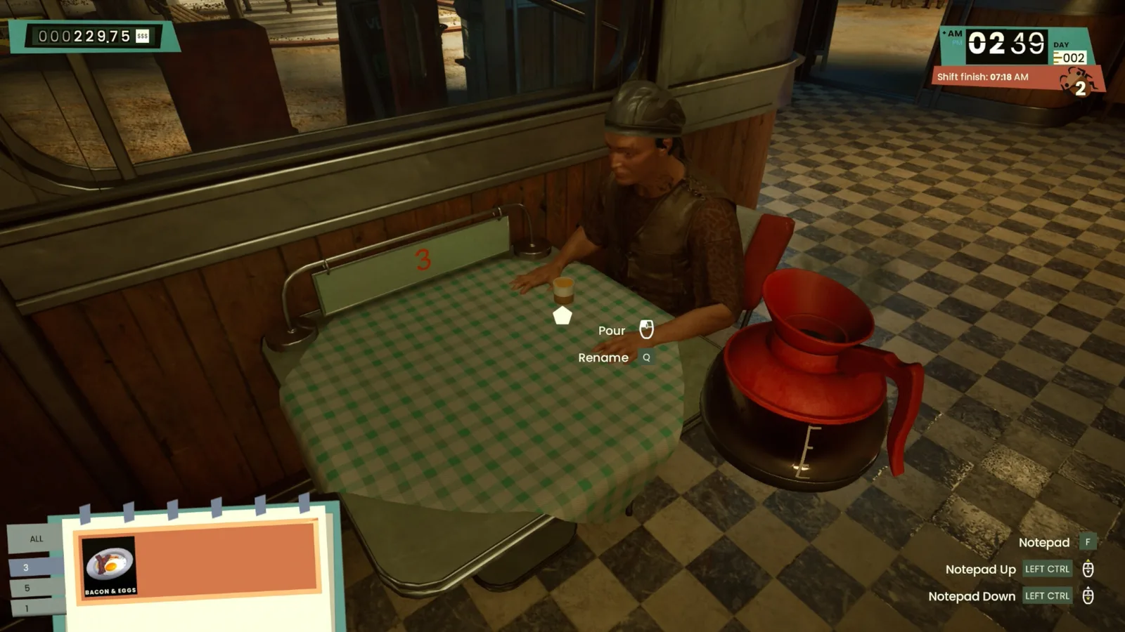 Gameplay scene from Road Diner Simulator: Prologue featuring a character at a table.