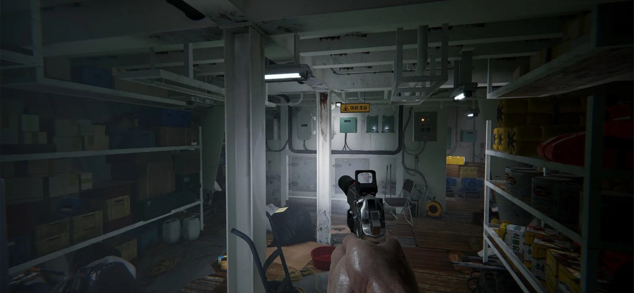 First-person view of a dimly lit ship interior in Senara: The Sacrament