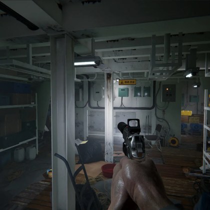 First-person view of a dimly lit ship interior in Senara: The Sacrament
